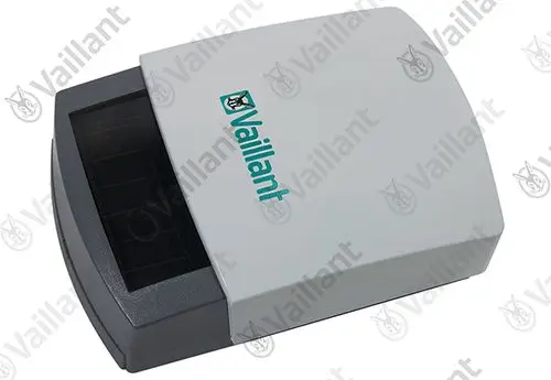 Vaillant Außenfühler in grauem Gehäuse mit einem schwarzen, rechteckigen Bereich auf der Oberseite. Der Sensor eignet sich zur Montage im Außenbereich.